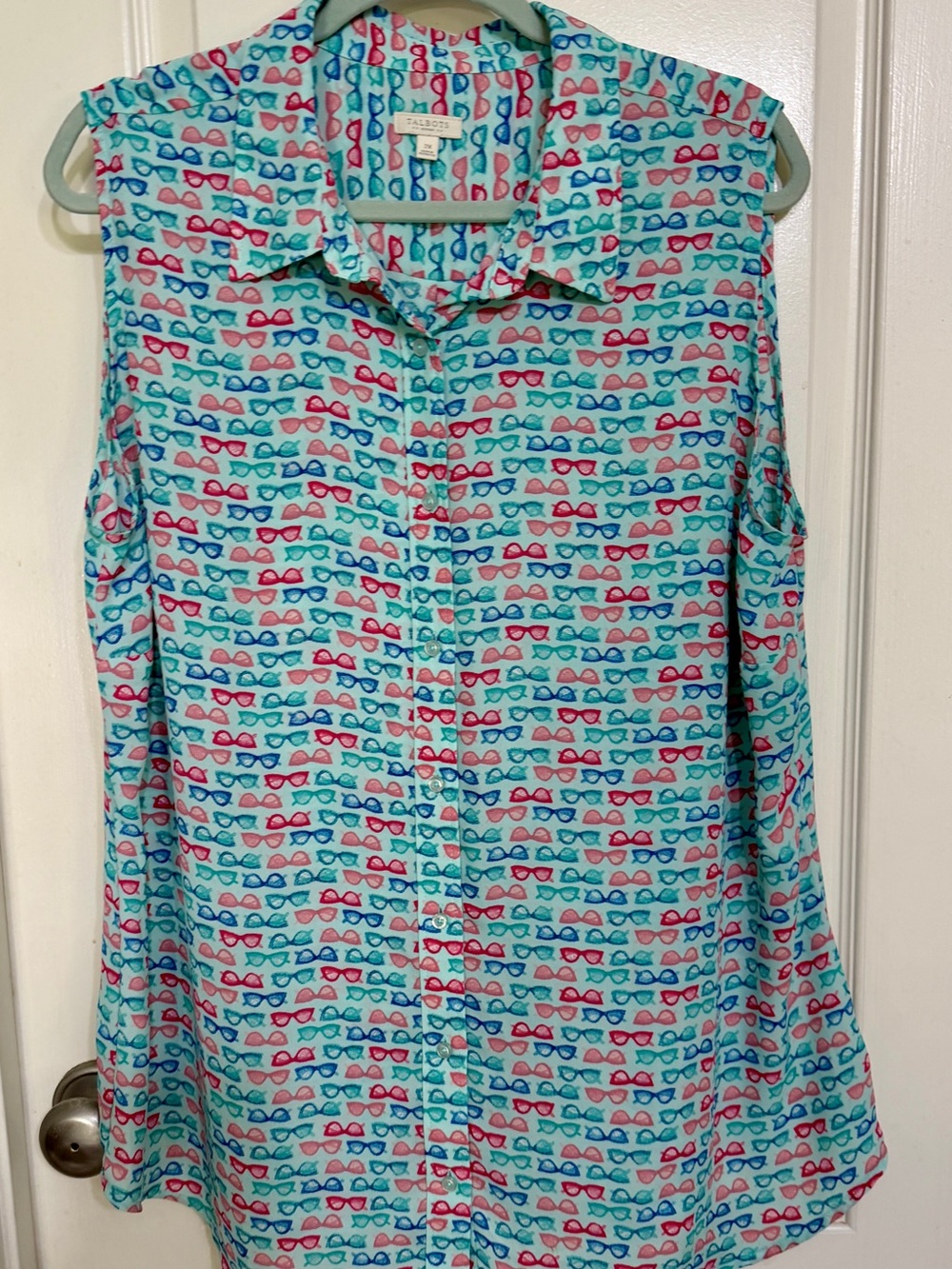 Talbots Aqua Sleeveless Button-Up Blouse with Pink and Blue Sunglasses Print